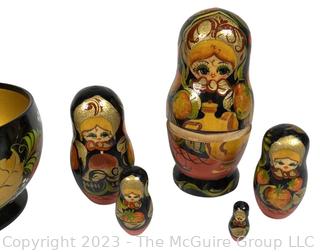 Russian Enamel Matryoshka Nesting Dolls and Russian Khokhloma Lacquer Berry Bowl.