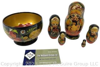 Russian Enamel Matryoshka Nesting Dolls and Russian Khokhloma Lacquer Berry Bowl.