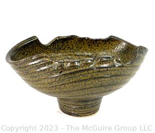 Hand Thrown Ribbed Green Glaze Studio Pottery Bowl on Base. 11.5 x 7.5 x 5"