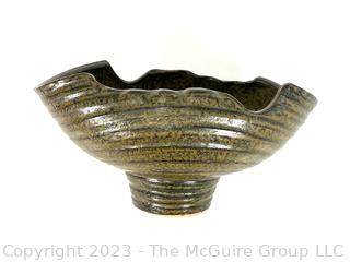 Hand Thrown Ribbed Green Glaze Studio Pottery Bowl on Base. 11.5 x 7.5 x 5"