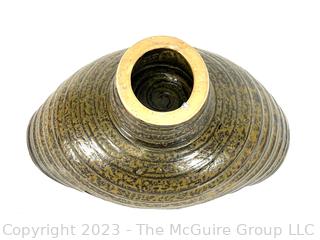 Hand Thrown Ribbed Green Glaze Studio Pottery Bowl on Base. 11.5 x 7.5 x 5"