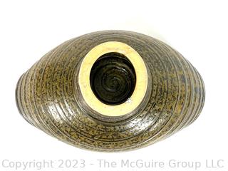 Hand Thrown Ribbed Green Glaze Studio Pottery Bowl on Base. 11.5 x 7.5 x 5"