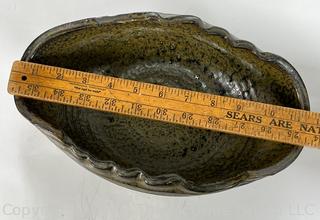 Hand Thrown Ribbed Green Glaze Studio Pottery Bowl on Base. 11.5 x 7.5 x 5"