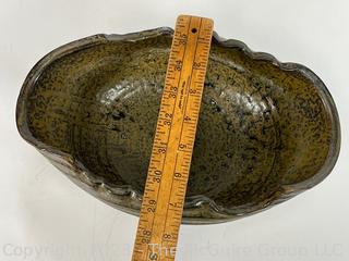 Hand Thrown Ribbed Green Glaze Studio Pottery Bowl on Base. 11.5 x 7.5 x 5"