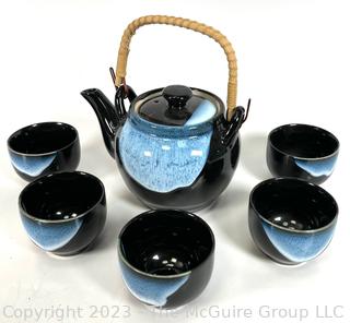 Japanese Tea Set in Two-Tone Blue and Black Glazed Stoneware