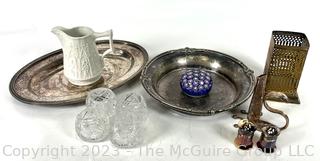 Group of Decorative Items Including Millefiori Paperweight, Glass Salt Cellars and Silver Plate Serving Dish From The Greenbriar Hotel, Restaurant Ware. 