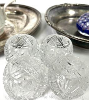 Group of Decorative Items Including Millefiori Paperweight, Glass Salt Cellars and Silver Plate Serving Dish From The Greenbriar Hotel, Restaurant Ware. 