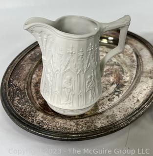 Group of Decorative Items Including Millefiori Paperweight, Glass Salt Cellars and Silver Plate Serving Dish From The Greenbriar Hotel, Restaurant Ware. 