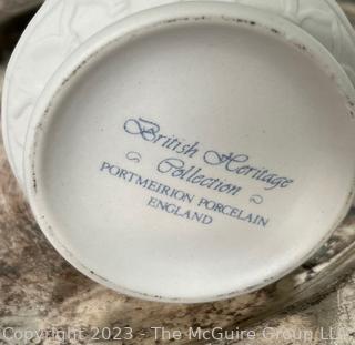 Group of Decorative Items Including Millefiori Paperweight, Glass Salt Cellars and Silver Plate Serving Dish From The Greenbriar Hotel, Restaurant Ware. 