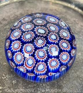 Group of Decorative Items Including Millefiori Paperweight, Glass Salt Cellars and Silver Plate Serving Dish From The Greenbriar Hotel, Restaurant Ware. 