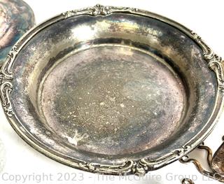 Group of Decorative Items Including Millefiori Paperweight, Glass Salt Cellars and Silver Plate Serving Dish From The Greenbriar Hotel, Restaurant Ware. 