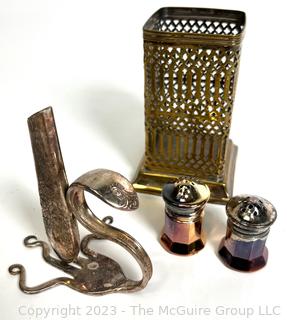 Group of Decorative Items Including Millefiori Paperweight, Glass Salt Cellars and Silver Plate Serving Dish From The Greenbriar Hotel, Restaurant Ware. 