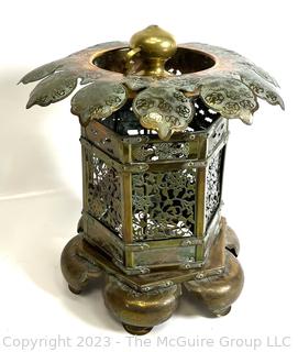 Japan Buddhist Pierced Metal Tsuridoro “Lotus Flower” Temple Lighting Lantern.  16" tall.