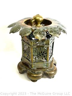 Japan Buddhist Pierced Metal Tsuridoro “Lotus Flower” Temple Lighting Lantern.  16" tall.