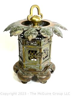 Japan Buddhist Pierced Metal Tsuridoro “Lotus Flower” Temple Lighting Lantern.  16" tall.