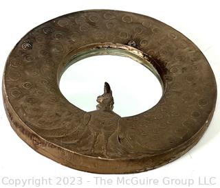 Vintage Round Brass Peacock Wall Mirror with Impressed Feather Design.  Measures 9"diameter