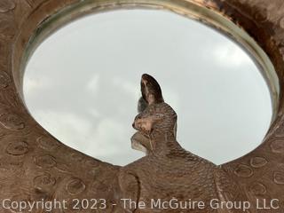 Vintage Round Brass Peacock Wall Mirror with Impressed Feather Design.  Measures 9"diameter