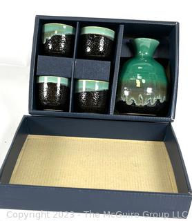 North American Trading Company Sake Set in Two-Tone Green and Black Glazed Stoneware, in Box 