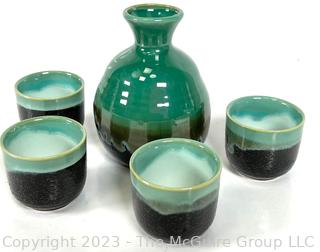 North American Trading Company Sake Set in Two-Tone Green and Black Glazed Stoneware, in Box 