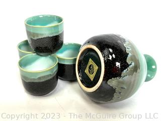 North American Trading Company Sake Set in Two-Tone Green and Black Glazed Stoneware, in Box 