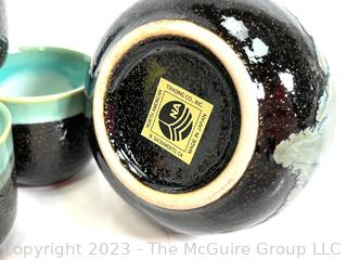 North American Trading Company Sake Set in Two-Tone Green and Black Glazed Stoneware, in Box 