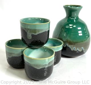 North American Trading Company Sake Set in Two-Tone Green and Black Glazed Stoneware, in Box 