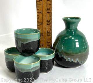 North American Trading Company Sake Set in Two-Tone Green and Black Glazed Stoneware, in Box 