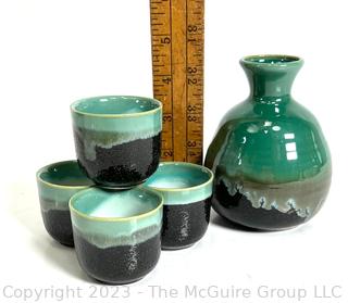 North American Trading Company Sake Set in Two-Tone Green and Black Glazed Stoneware, in Box 