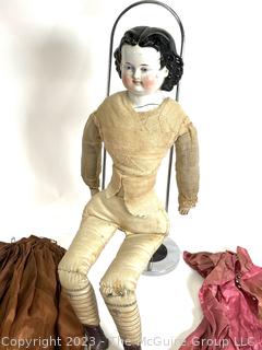 Antique Jenny Lind Porcelain China Head and Shoulders Doll with Fabric Body, c. 1860's.  Crack in shoulder.  