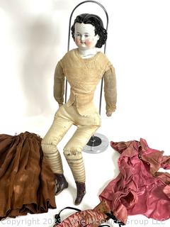 Antique Jenny Lind Porcelain China Head and Shoulders Doll with Fabric Body, c. 1860's.  Crack in shoulder.  