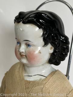 Antique Jenny Lind Porcelain China Head and Shoulders Doll with Fabric Body, c. 1860's.  Crack in shoulder.  