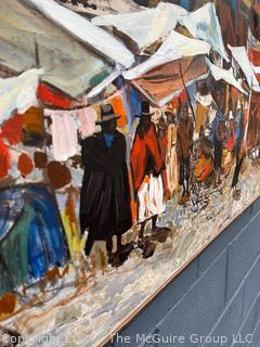 Framed Oil on Canvas of Scene at Market in The Alto District of La Paz c 1978, By Moises Chire Barrientos (Oruro, Bolivia, 1932). 48 x 32"