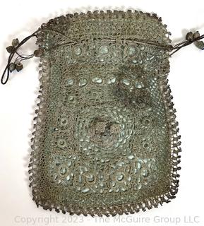 Victorian Silver Passementerie Metal Thread Woven Purse Handbag with Blue Silk Lining.  