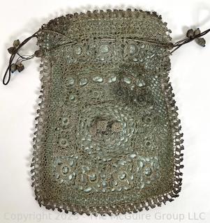 Victorian Silver Passementerie Metal Thread Woven Purse Handbag with Blue Silk Lining.  