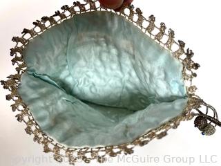 Victorian Silver Passementerie Metal Thread Woven Purse Handbag with Blue Silk Lining.  