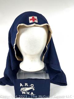 WWI American Red Cross Blue with White Band Nurses Head scarf  or veil with Embroidered ARC WVA Armband with Cornucopia. 