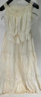 Victorian White Hand Made Lace and Eyelet with Silk Ribbon Ties Cotton Two Piece Slip - Skirt and Top