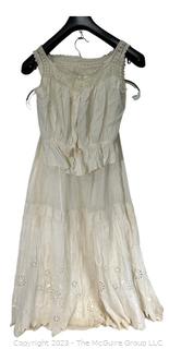 Victorian White Hand Made Lace and Eyelet with Silk Ribbon Ties Cotton Two Piece Slip - Skirt and Top