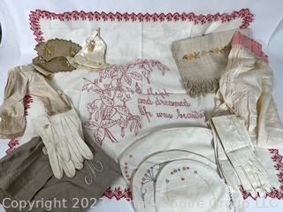 Collection of Embroidered Linens and Leather Gloves