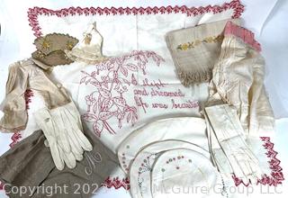 Collection of Embroidered Linens and Leather Gloves