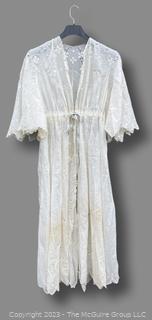 Edwardian White Lace with Blue Silk Ribbon Tie Cotton Robe or Dress