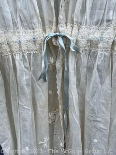 Edwardian White Lace with Blue Silk Ribbon Tie Cotton Robe or Dress