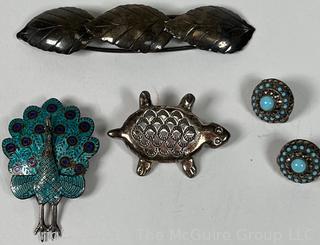 Group of Sterling Silver Jewelry Including Enamel Articulated Siam Peacock Brooch