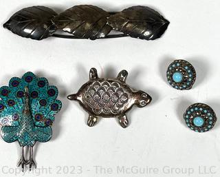 Group of Sterling Silver Jewelry Including Enamel Articulated Siam Peacock Brooch