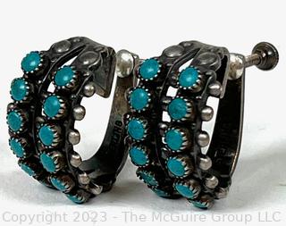 Native American Zuni Petit Point Turquoise and Sterling Silver Screw Back Earrings