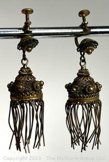 Vintage Brass Tribal Screw Back Chandelier Earrings Marked JLF