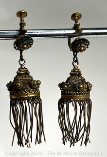 Vintage Brass Tribal Screw Back Chandelier Earrings Marked JLF