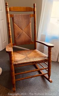 Primitive Turned Oak Rocking Chair with Rush Seat and Back.  27"w x 21"d x 43"t