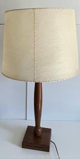 Mid-Century Modern Turned Teak Table Lamp with Whip Stitched Lampshade.  26"t with shade