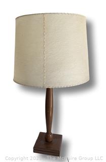 Mid-Century Modern Turned Teak Table Lamp with Whip Stitched Lampshade.  26"t with shade